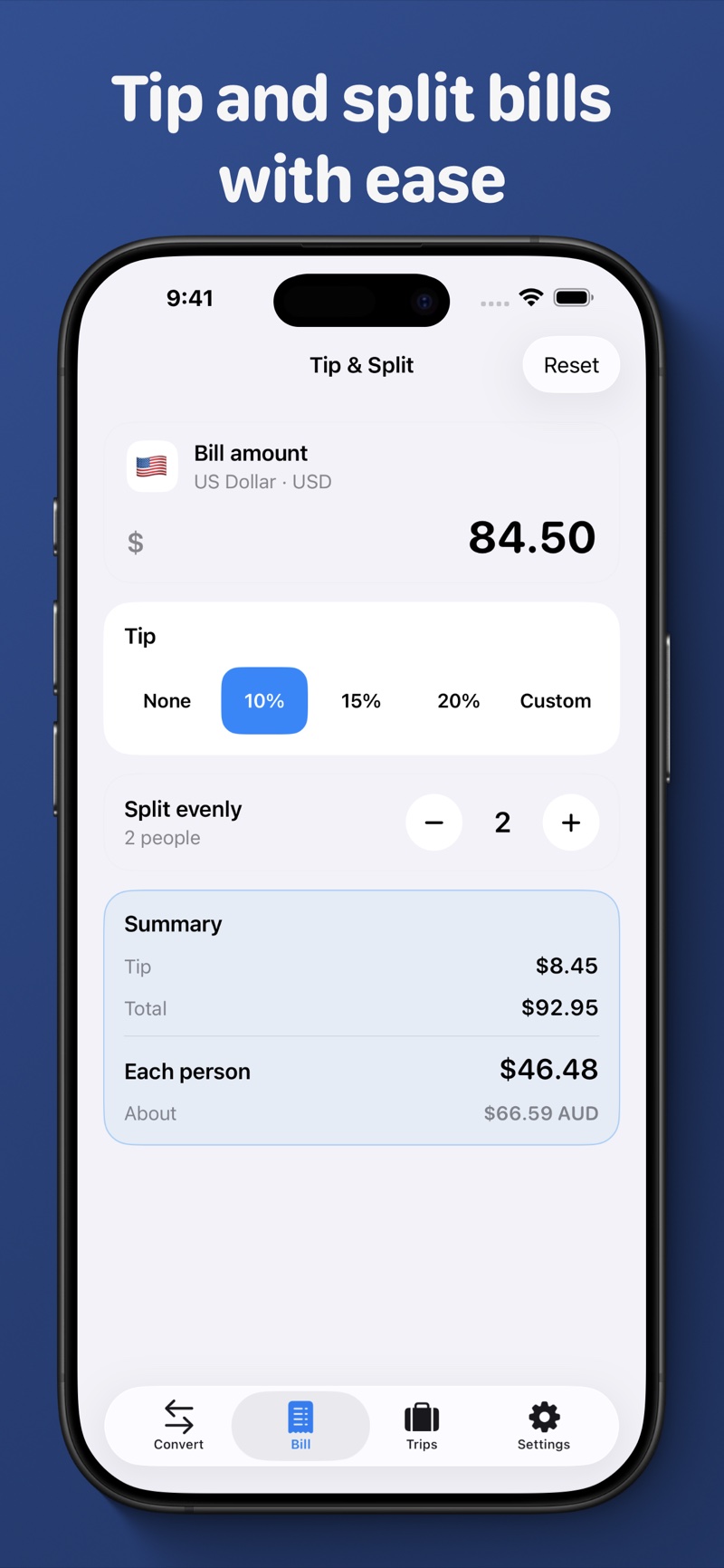 Currency Companion calculating a tip and splitting a bill between two people